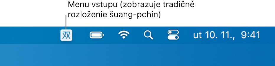 Pravá strana lišty. Zobrazuje sa ikona menu Vstup s textom Šuang-pchin – zjednodušené.
