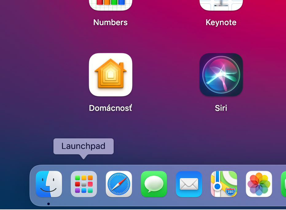 Ľavá dolná strana Docku ukazuje ikonu Launchpadu.