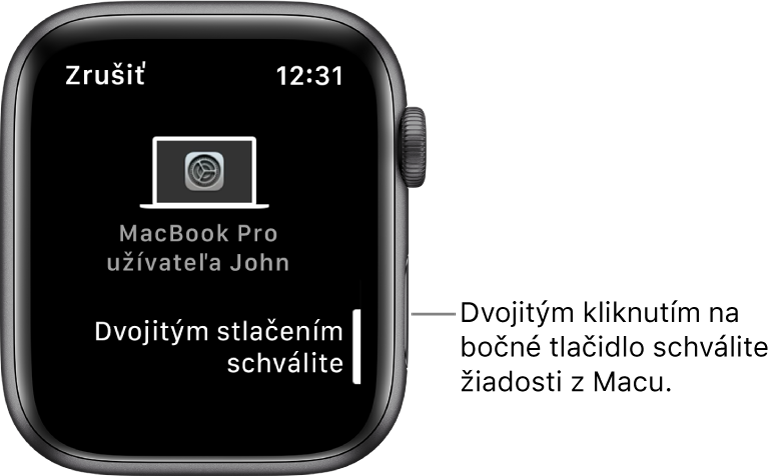 Apple Watch so žiadosťou o schválenie z MacBooku Pro.