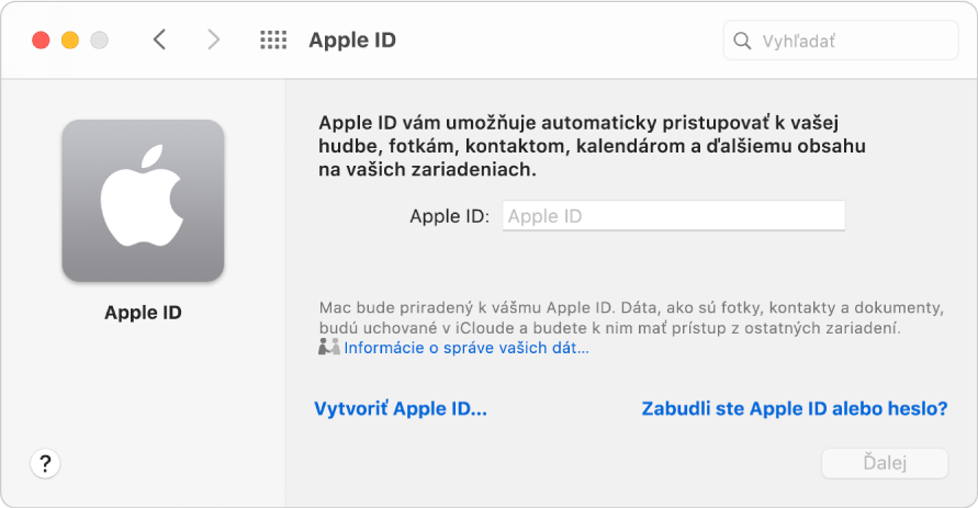Dialógové okno Apple ID pripravené na zadanie Apple ID. Odkaz Vytvoriť Apple ID umožňuje vytvoriť nové Apple ID.