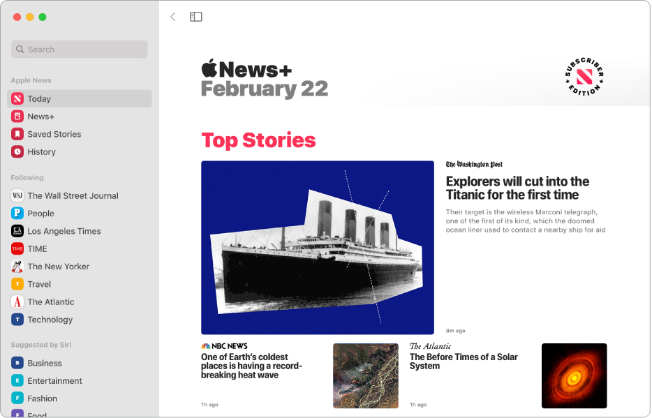 Apple News-fönstret med sidofältet till vänster och Top Stories till höger.