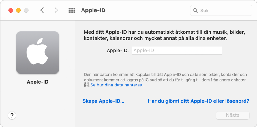 Dialogrutan för Apple‑ID där ett Apple‑ID kan anges. Med länken Skapa ett Apple‑ID kan du skapa ett nytt Apple‑ID.
