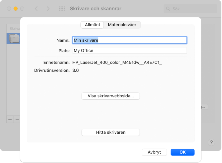 Dialogrutan Alternativ och förbrukningsmaterial. Fliken Allmänt är vald med fält för att ange namn och plats för skrivaren.