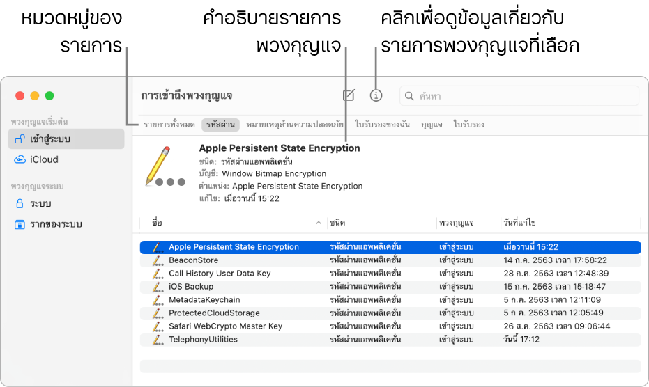 หน้าต่างการเข้าถึงพวงกุญแจที่แสดงพวงกุญแจในแถบด้านข้าง คำอธิบายของรหัสผ่านพวงกุญแจเข้าสู่ระบบที่เลือกจะแสดงอยู่ทางด้านขวา