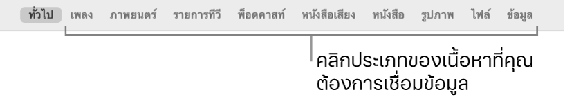 แถบปุ่มที่แสดงปุ่มทั่วไปและปุ่มสำหรับเนื้อหา เช่น เพลง ภาพยนตร์ รายการทีวี และอื่นๆ