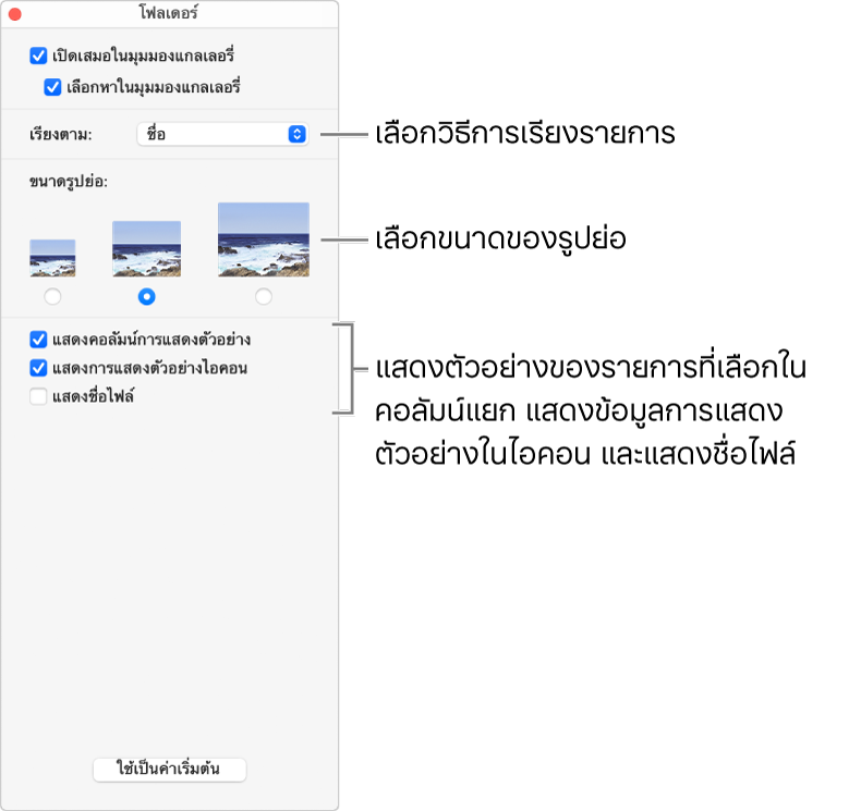 ตัวเลือกมุมมองแกลเลอรี่สำหรับโฟลเดอร์