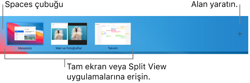Bir masaüstü alanını, Split View’daki ve tam ekran uygulamaları ve alan yaratmak için Ekle düğmesini gösteren Spaces çubuğu.