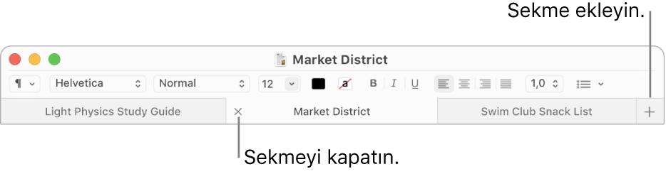 Sekme çubuğunda üç sekme bulunan, biçimlendirme çubuğunun altına yerleştirilmiş bir TextEdit penceresi. Kapat düğmesi sadece bir sekmede bulunur. Ekle düğmesi, sekme çubuğunun sağ uç kısmındadır.