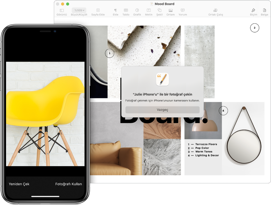 iPhone’da bir fotoğraf ve aynı fotoğrafın Mac’teki bir belgeye eklenmiş hali.