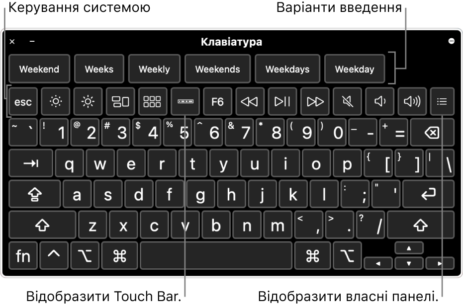 Клавіатура зі спеціальними можливостями з варіантами вводу вгорі. Нижче наведено ряд кнопок для елементів керування системою для таких дій, як настроювання яскравості дисплея, відображення панелі Touch Bar на екрані та відображення спеціальних панелей.