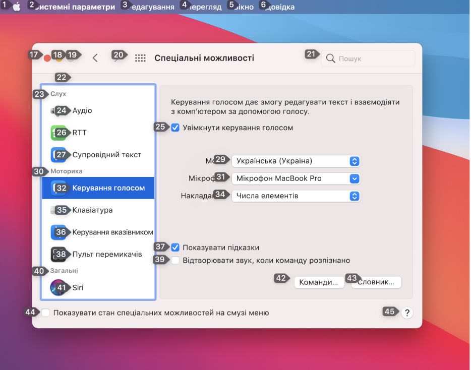 Ліва частина смуги меню, на якій показано номер поруч із кожним елементом на смузі меню. Унизу показано панель «Керування голосом» у меню параметрів «Спеціальні можливості», а поруч із кожним елементом інтерфейсу відображається номер.