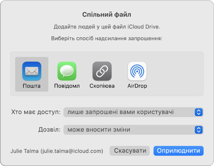 Вікно «Спільний файл», у якому відображаються програми, які можна використовувати для надсилання запрошень, і опції для спільного доступу до документів.