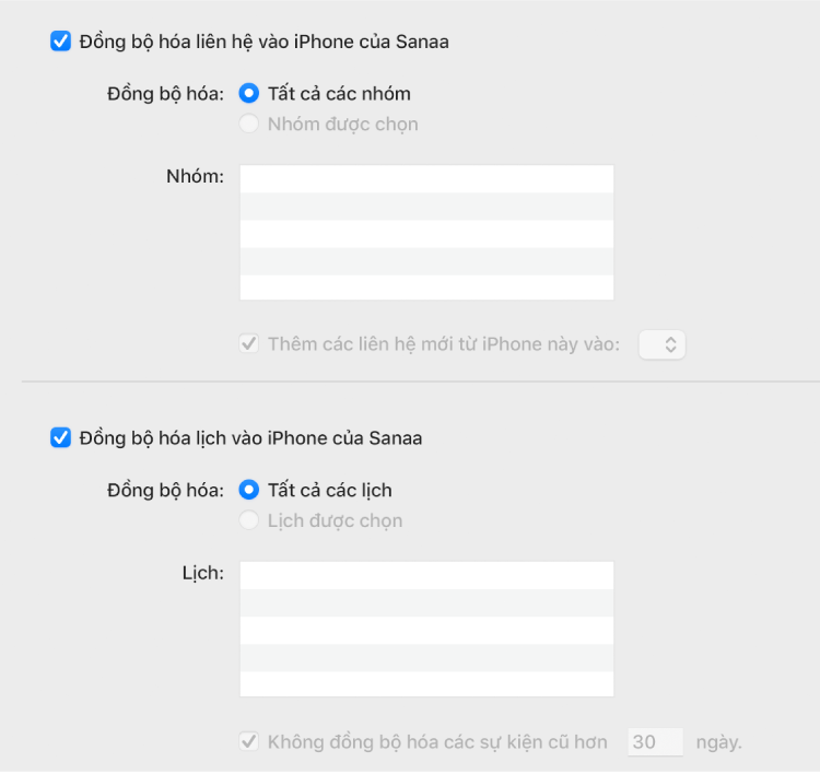 Tùy chọn đồng bộ hóa Thông tin đang hiển thị các hộp kiểm “Đồng bộ hóa liên hệ trên thiết bị” và “Đồng bộ hóa lịch với thiết bị” và các tùy chọn chọn nhóm các liên hệ và một phần lựa chọn các lịch.