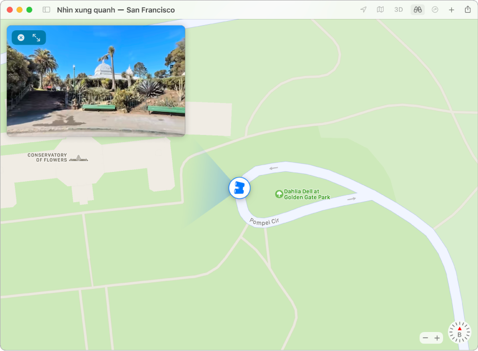 Một bản đồ về Công viên Cổng vàng bao gồm chế độ xem 3D của vị trí cụ thể.