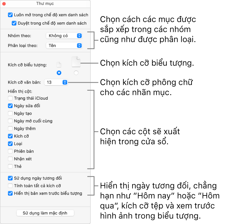 Tùy chọn xem Danh sách cho thư mục.