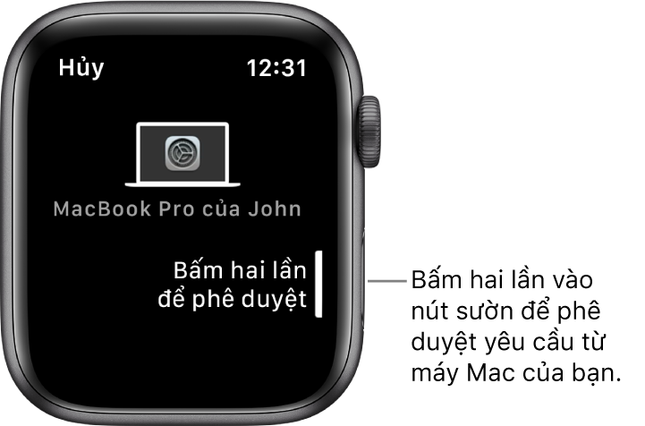 Apple Watch đang hiển thị yêu cầu phê duyệt từ MacBook Pro.