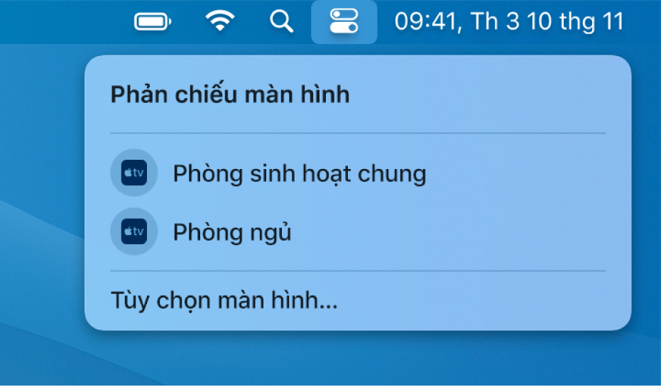 Các tùy chọn phản chiếu màn hình, bao gồm Apple TV, được liệt kê trong Trung tâm điều khiển.