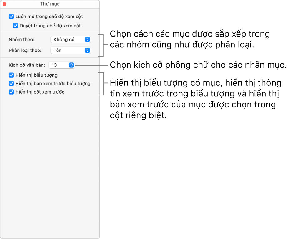 Tùy chọn xem Cột cho thư mục.