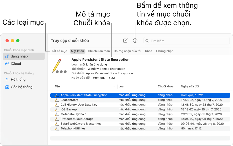 Cửa sổ Truy cập chuỗi khóa đang hiển thị các chuỗi khóa trong thanh bên. Một mô tả về mật khẩu chuỗi khóa đăng nhập đã chọn được hiển thị ở bên phải.