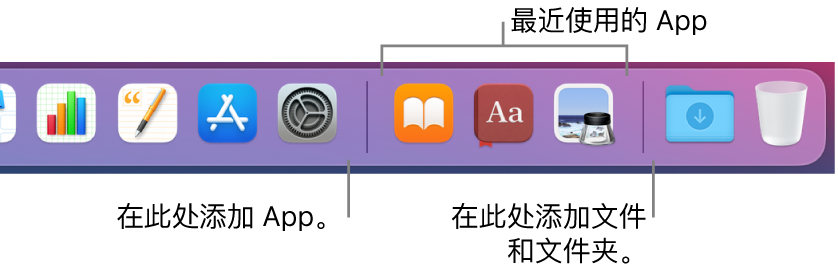 程序坞的一部分，显示 App、最近使用的 App 以及文件和文件夹之间的分隔线。