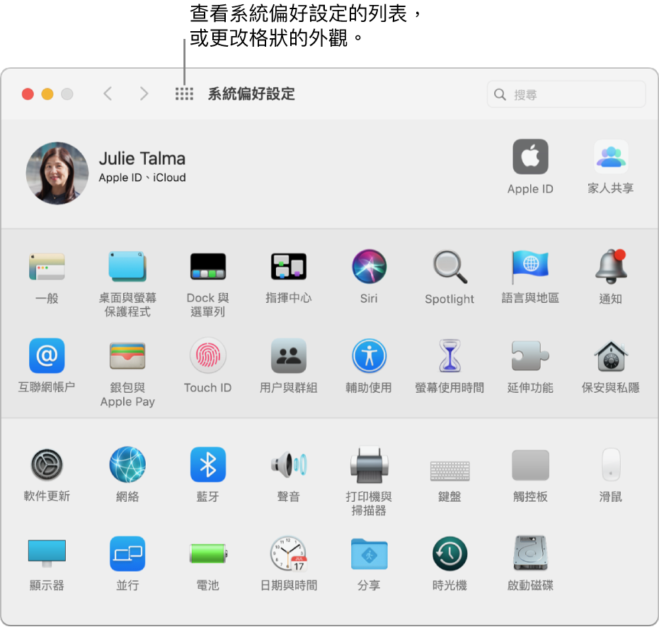 「系統偏好設定」視窗顯示依格線排列的圖像。按一下視窗工具列中的「顯示全部」按鈕來以列表查看系統偏好設定,或更改格狀的外觀。