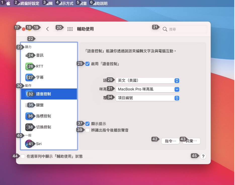 選單列左側部分顯示選單列中每個項目旁邊的編號。以下為在每項介面控制旁顯示編號的「輔助使用」偏好設定「語音控制」面板。