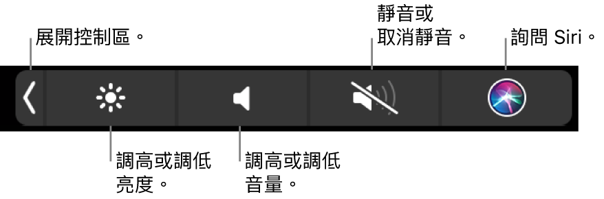 收合的「控制區」包括以下操作的按鈕：由左至右依序是展開「控制區」、增加或減少顯示器亮度和音量、靜音或取消靜音以及詢問 Siri。