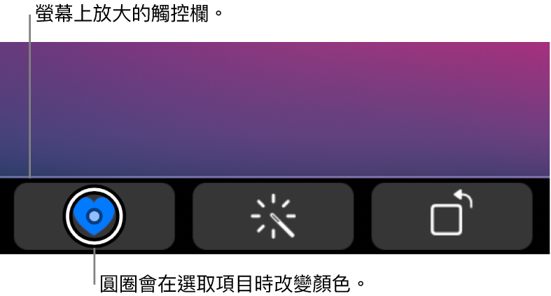 沿着螢幕底部的放大版「觸控欄」；選擇按鈕時，按鈕上的圓圈會更改。