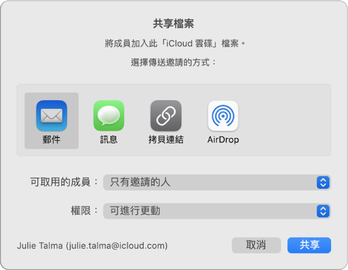 「共享檔案」視窗，顯示您可用來提出邀請的 App 以及共享文件的選項。