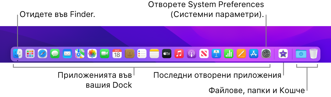 Лентата Dock, която показва Finder, System Preferences (Системни параметри) и разделителя в лентата Dock, който разделя приложенията от файловете и папките.