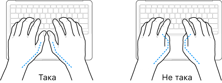 Ръце, разположение над клавиатура, показващи правилно и неправилно положение на палците.