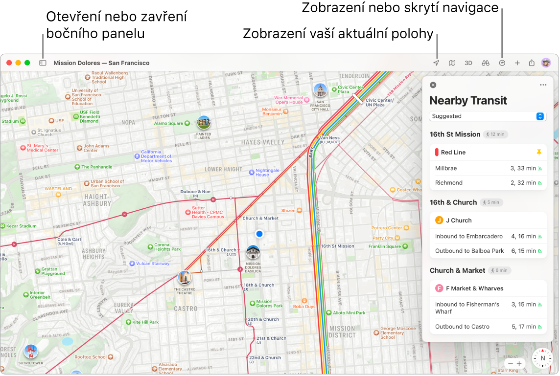 Okno aplikace Mapy s pokyny k vyhledání trasy kliknutím na cíl na bočním panelu, k otevření nebo zavření bočního panelu a k zobrazení vaší aktuální polohy na mapě