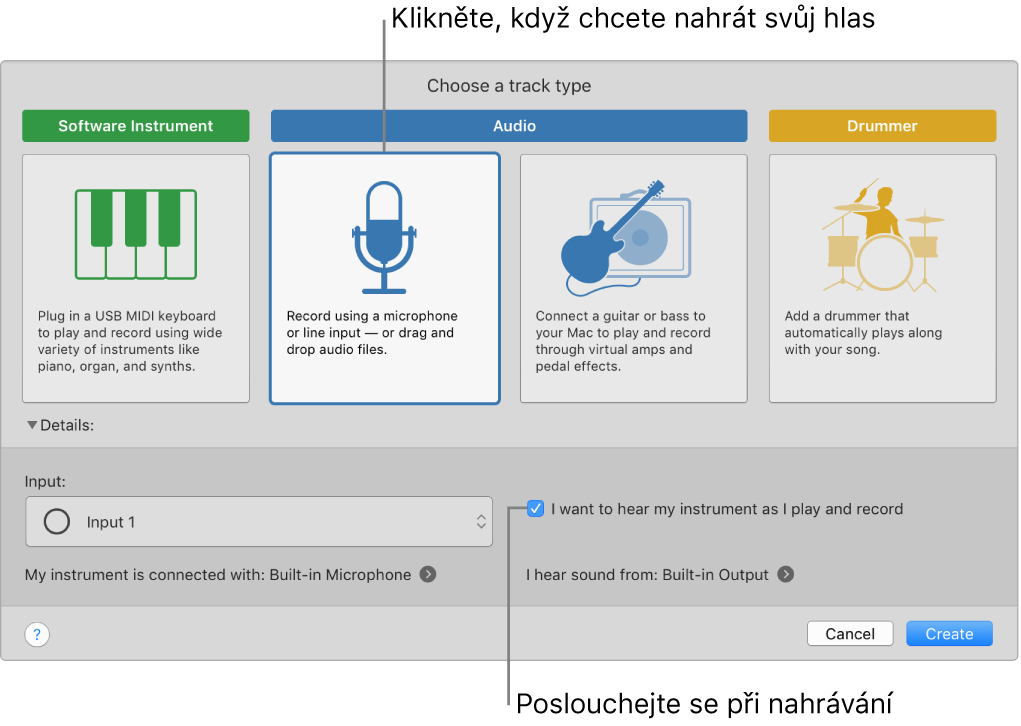 Panel nástrojů GarageBandu s popisky ukazujícími, kam je třeba kliknout, chcete‑li nahrávat hlas nebo zapnout odposlech při nahrávání