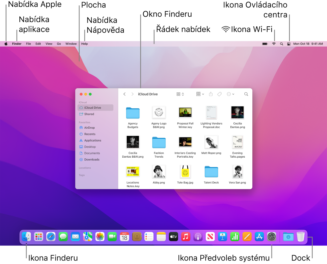 Obrazovka Macu, na níž je vidět nabídka Apple, nabídka aplikace, plocha, nabídka Nápověda, okno Finderu, řádek nabídek, ikona Wi‑Fi, ikona Ovládacího centra, ikona Finderu, ikona předvoleb systému a Dock