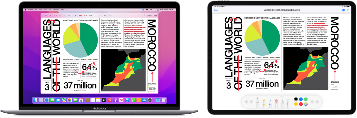 MacBook Air a iPad vedle sebe Na obou displejích je vidět článek s červeně vepsanými ručními korekturami, například přeškrtnutými větami, šipkami a vloženými slovy. U dolního okraje obrazovky iPadu se zobrazují také ovládací prvky pro anotace.
