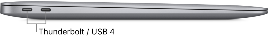 Pohled zleva na MacBook Air s popisky portů Thunderbolt / USB 4