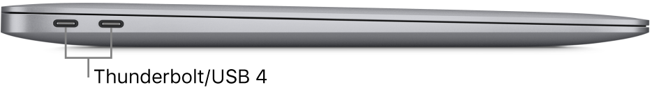 Den venstre side af en MacBook Air med billedforklaringer til Thunderbolt/USB 4-porte.