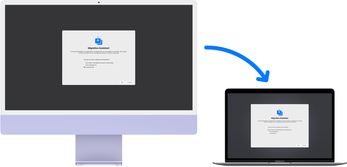 An iMac and a MacBook Air both displaying the Migration Assistant screen. An arrow from the iMac to the MacBook Pro implies the transfer of data from one to the other.