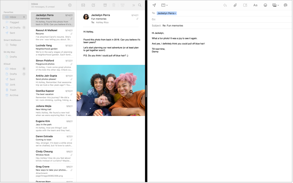 A Mail window in split screen, showing two messages side by side.