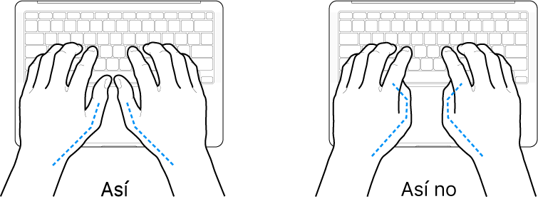 Manos posicionadas sobre un teclado, mostrando la alineación correcta e incorrecta de los pulgares.
