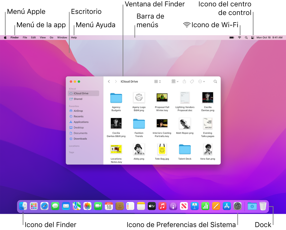 Una pantalla del Mac en la que se muestra el menú Apple, el menú de la app, el escritorio, el menú Ayuda, una ventana del Finder, la barra de menús, el icono de Wi-Fi, el icono del centro de control, el icono del Finder, el icono de Preferencias del Sistema y el Dock.