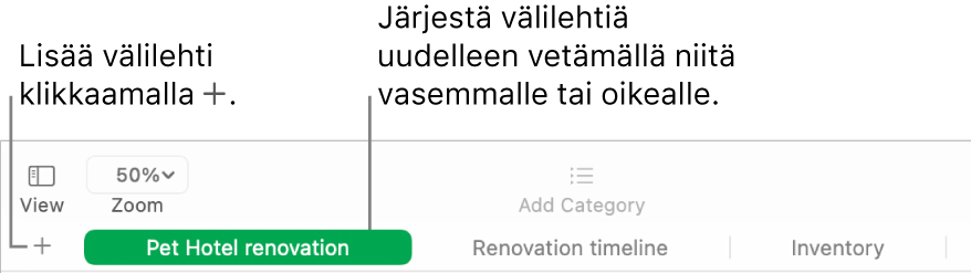 Numbers-ikkuna, jossa näkyy, miten lisätään uusi välilehti ja miten välilehdet järjestetään uudelleen.