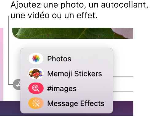 Menu Apps avec des options pour afficher des photos, des autocollants Memoji, des GIF et des effets des messages.