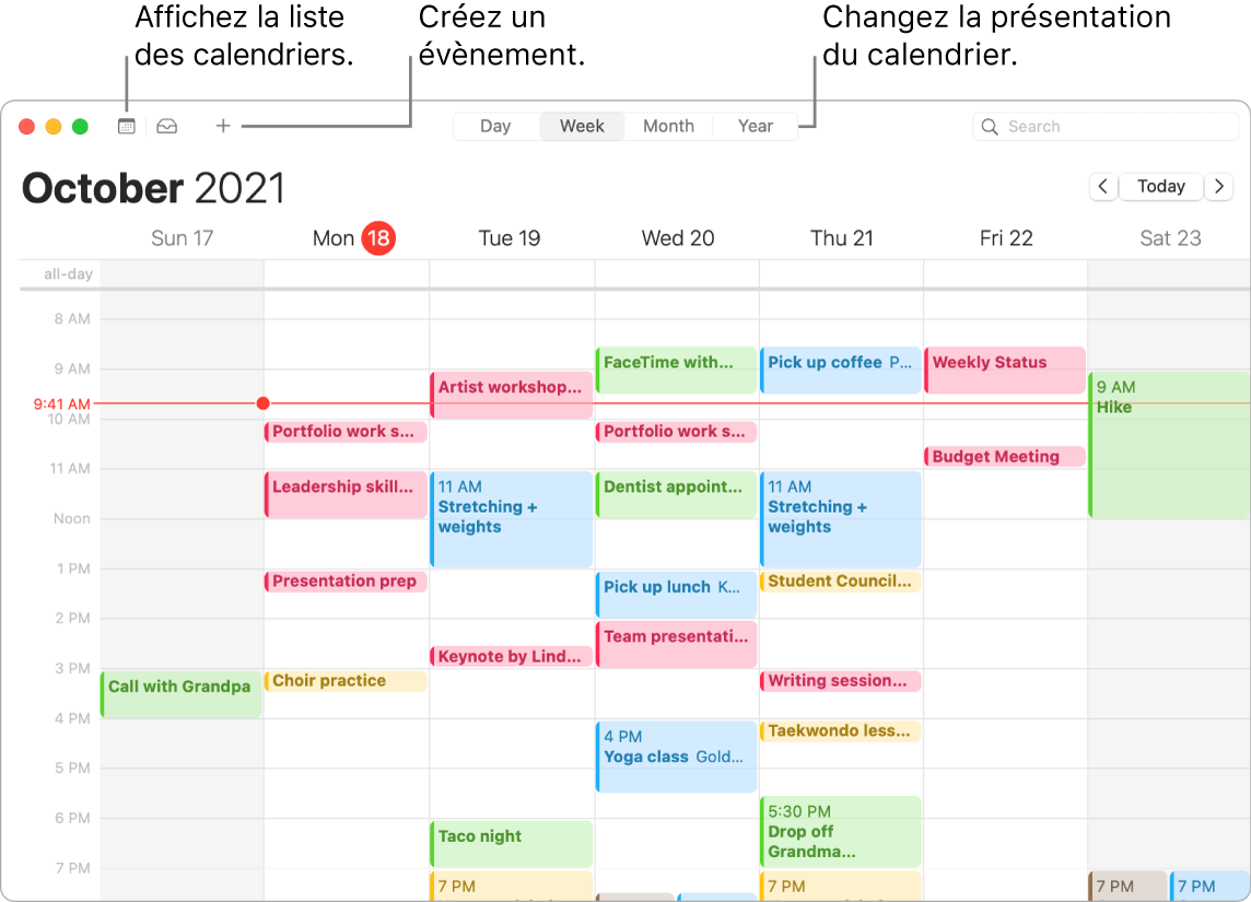 Une fenêtre de Calendrier indiquant comment créer un événement, obtenir la liste des événements et choisir une présentation par jour, par semaine, par mois ou par année.