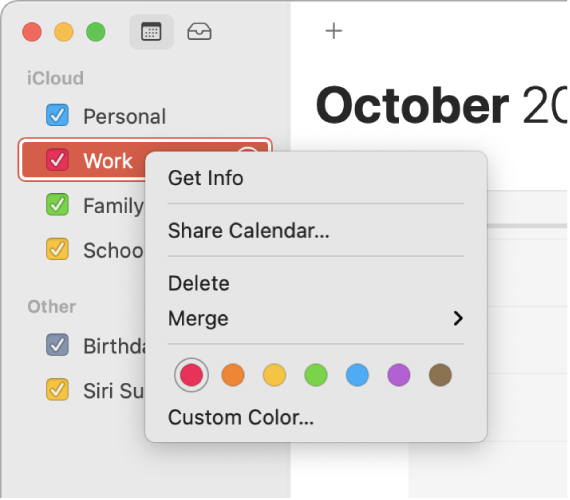 Menu contextuel Calendrier avec ses options pour la personnalisation de la couleur d’un calendrier.