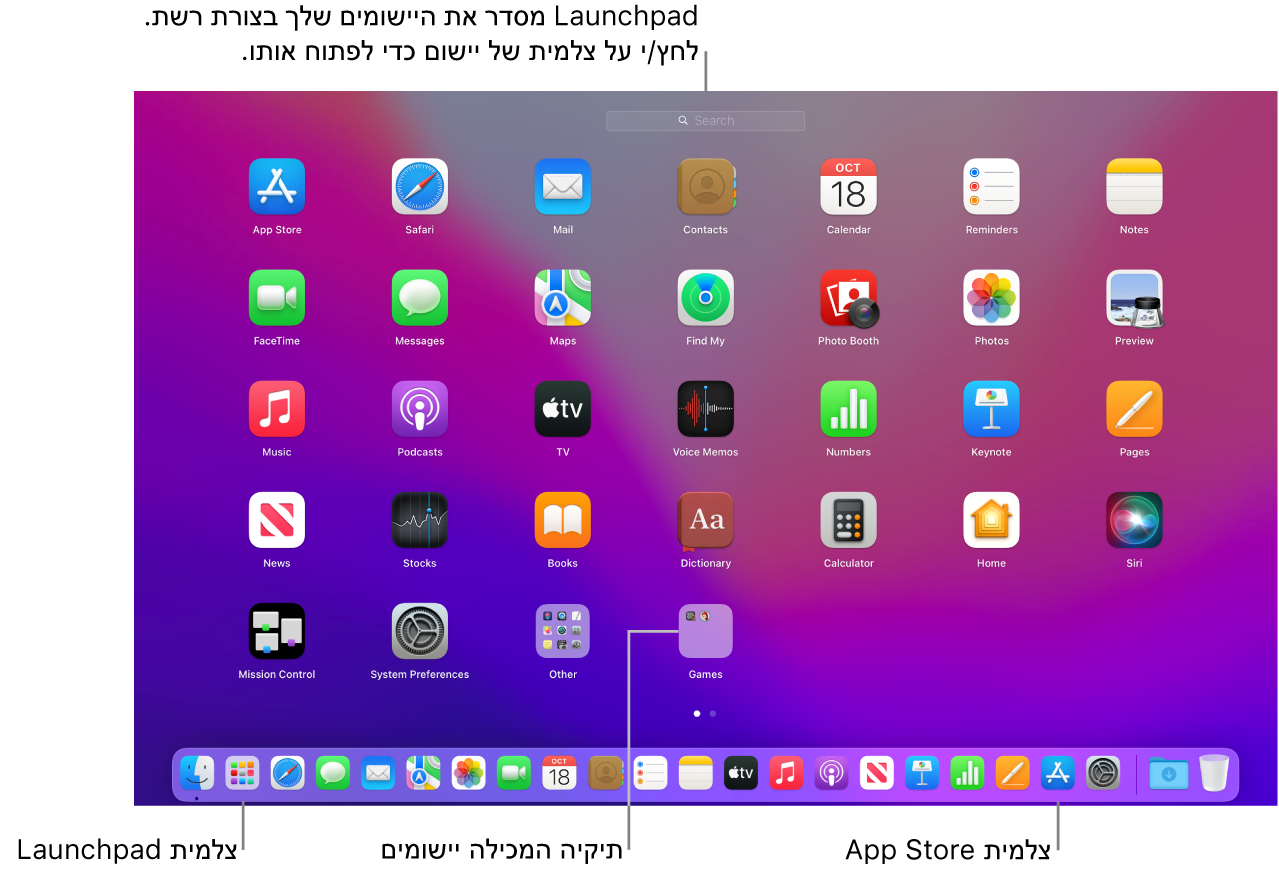 מסך של Mac עם ה‑Launchpad פתוח, תיקיה של יישומים מוצגת ב‑Launchpad וצלמיות של ה‑Launchpad וה‑App Store ב‑Dock.