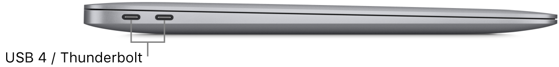 מבט מצד שמאל על MacBook Air עם סימונים של יציאות Thunderbolt / ‏USB 4.