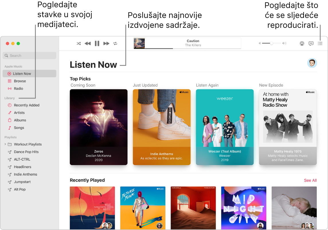Prozor aplikacije Glazba prikazuje načine prikaza medijateke, slušanja Apple Musica i pregledavanja sljedećeg za reproduciranje.
