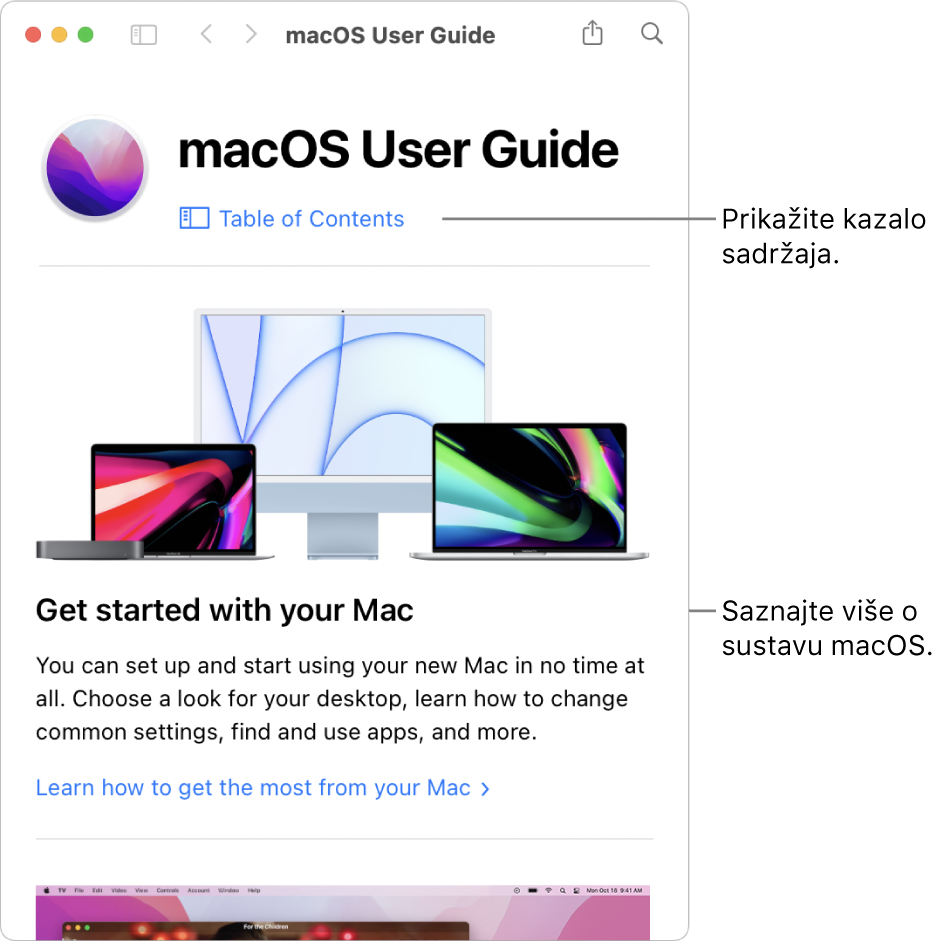 Stranica dobrodošlice za Upute za uporabu za macOS koja prikazuje link za Sadržaj.