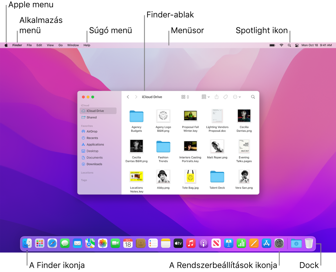 A Mac gép képernyője az Apple menüvel, az App menüvel, a Súgó menüvel, a Finder ablakával, a menüsorral, a Spotlight ikonjával, a Finder ikonjával, a Rendszerbeállítások ikonjával és a Dockkal.